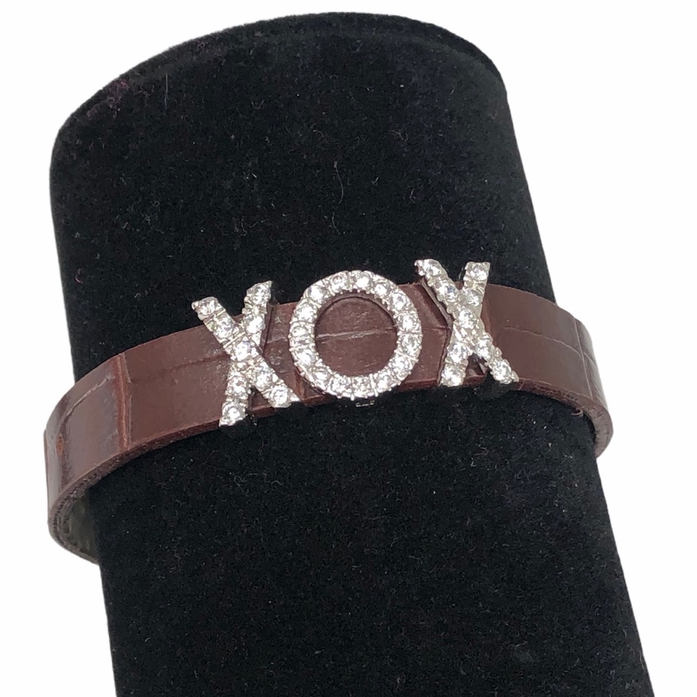 STERLING & CRYSTAL “XOX” SLIDERS ON BROWN BUCKLE BRACELET